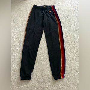 Aviator Nation velvet stripe sweatpants, discontinued, xsmall, black/rainbow